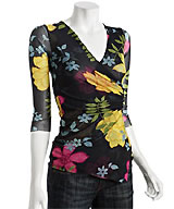 Sweet Pea Black Floral Mesh 3/4 Sleeve Wrap Top