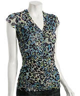 Sweet Pea Blue Animal Print Mesh Ruched V-neck Top