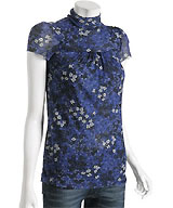 Sweet Pea Blue Mesh Knit Floral Mock-Neck Tunic